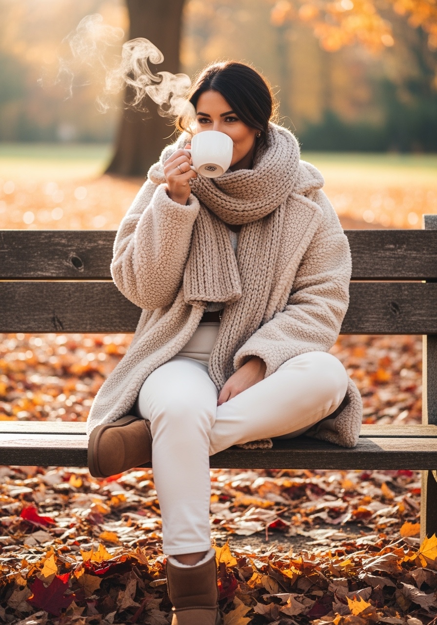 Warm teddy bear coat with cream jeans