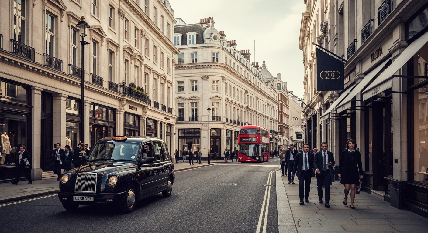 Elegant Mayfair street with Georgian architecture, black taxi, and well-dressed professionals