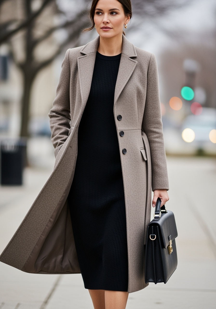 Taupe Wool Midi Coat Professional Commute Style