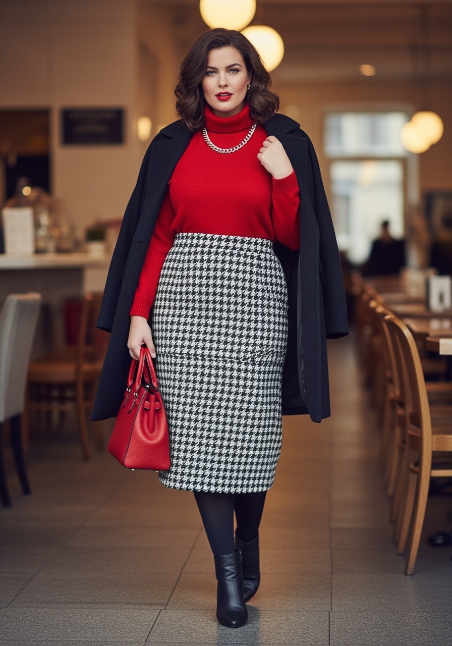 Black and White Houndstooth Straight Skirt
