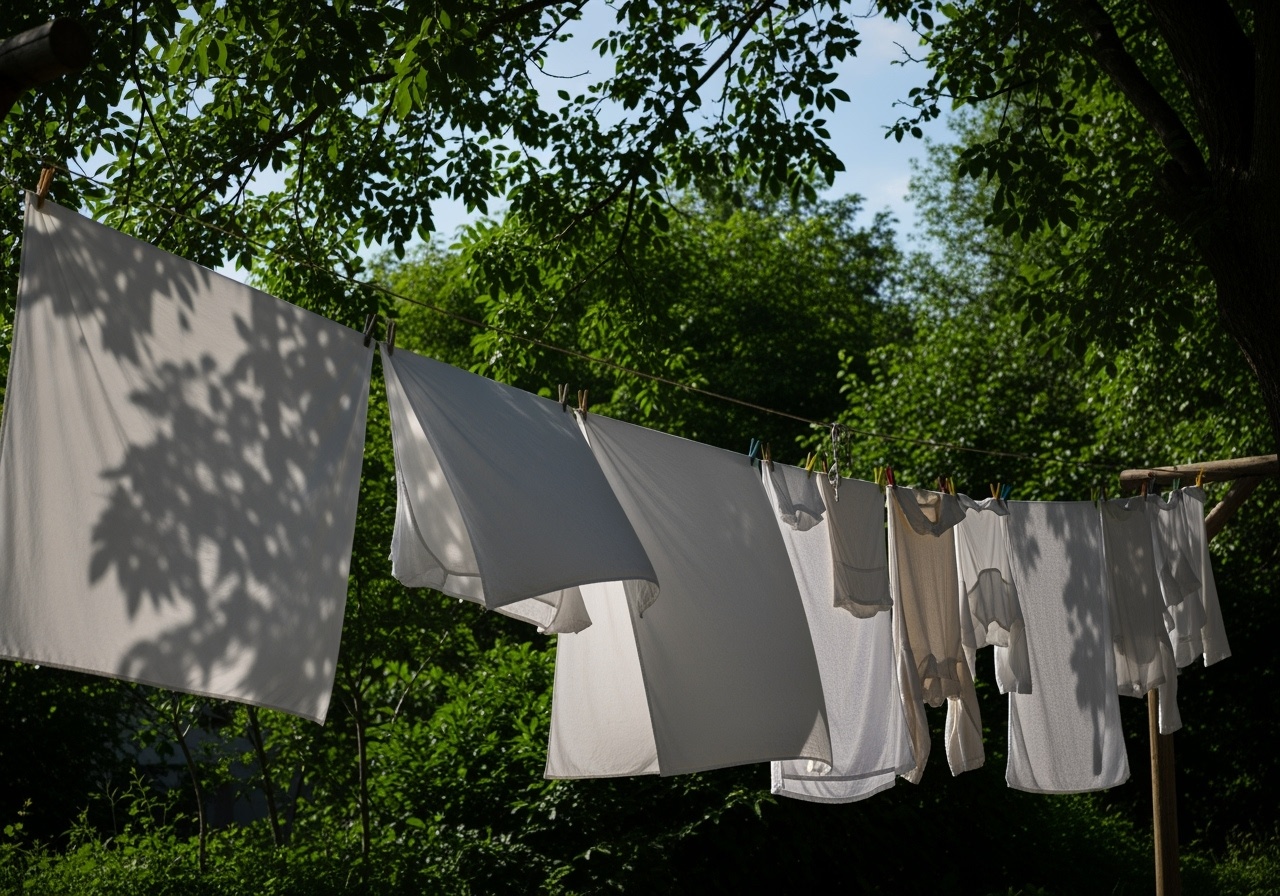 Clean fresh laundry drying naturally outdoors representing eco-friendly laundry care