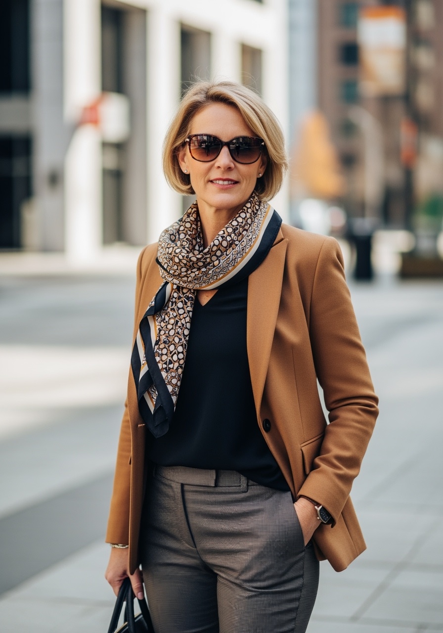 Business-ready camel blazer with patterned scarf