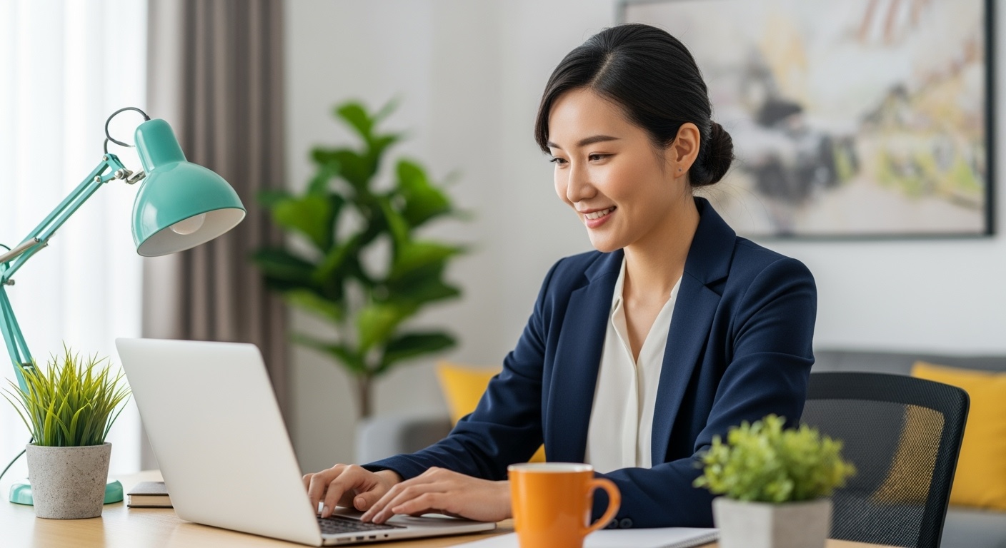 Entspannte Frau mit Fokus und innerer Balance am Arbeitsplatz