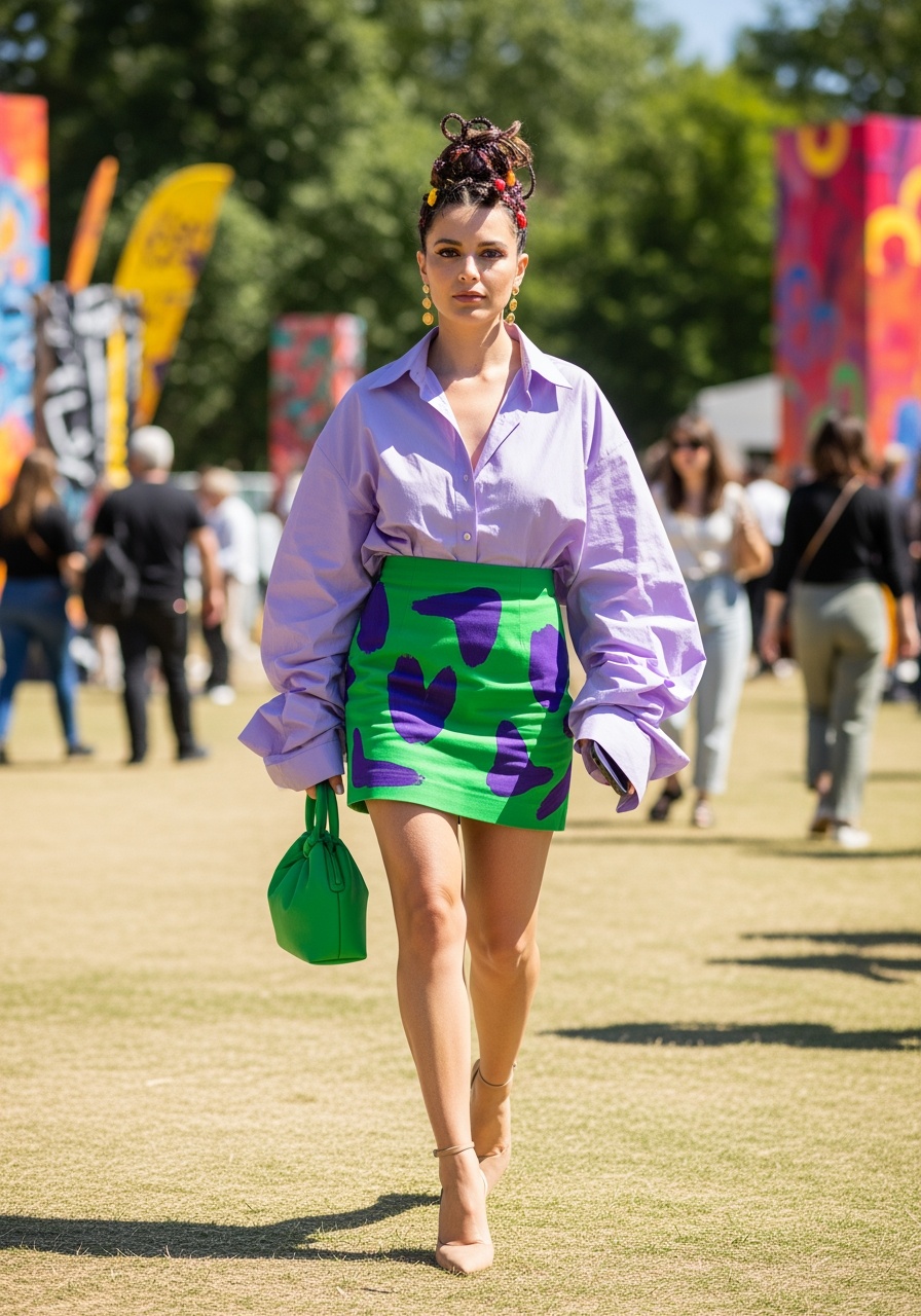 Lavender Blouse & Green Mini Skirt with Patterns