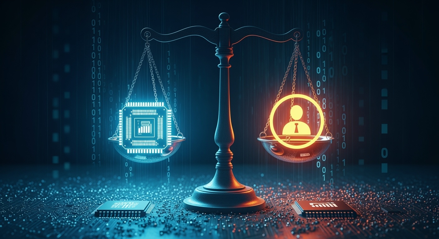 Bilancia futuristica che rappresenta il conflitto tra innovazione tecnologica e controllo politico