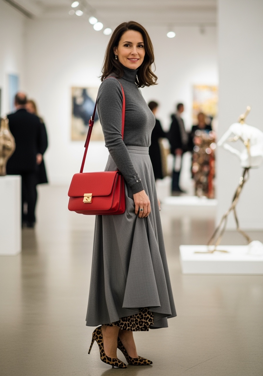 Sophisticated gray ensemble with leopard heels and red bag
