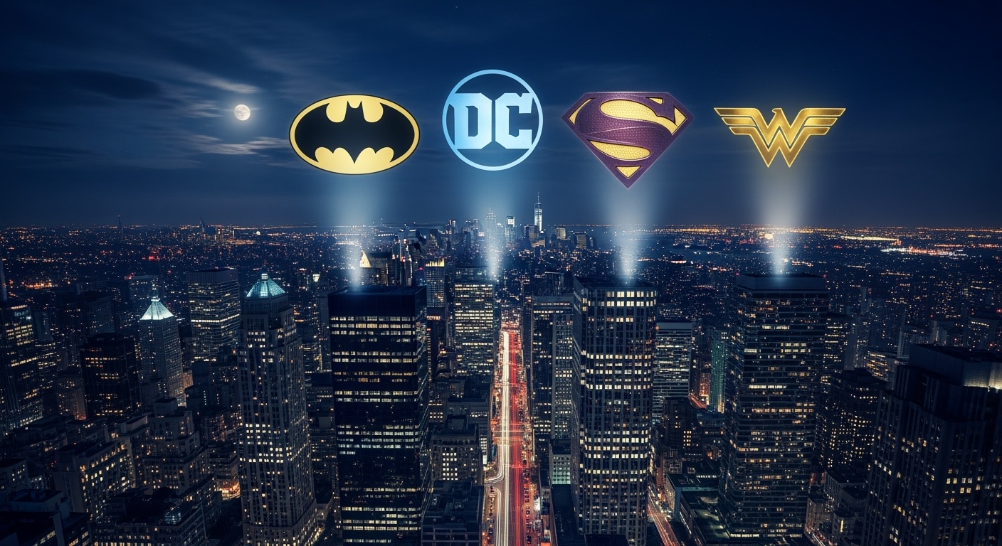 Символы супергероев DC на фоне городского неба