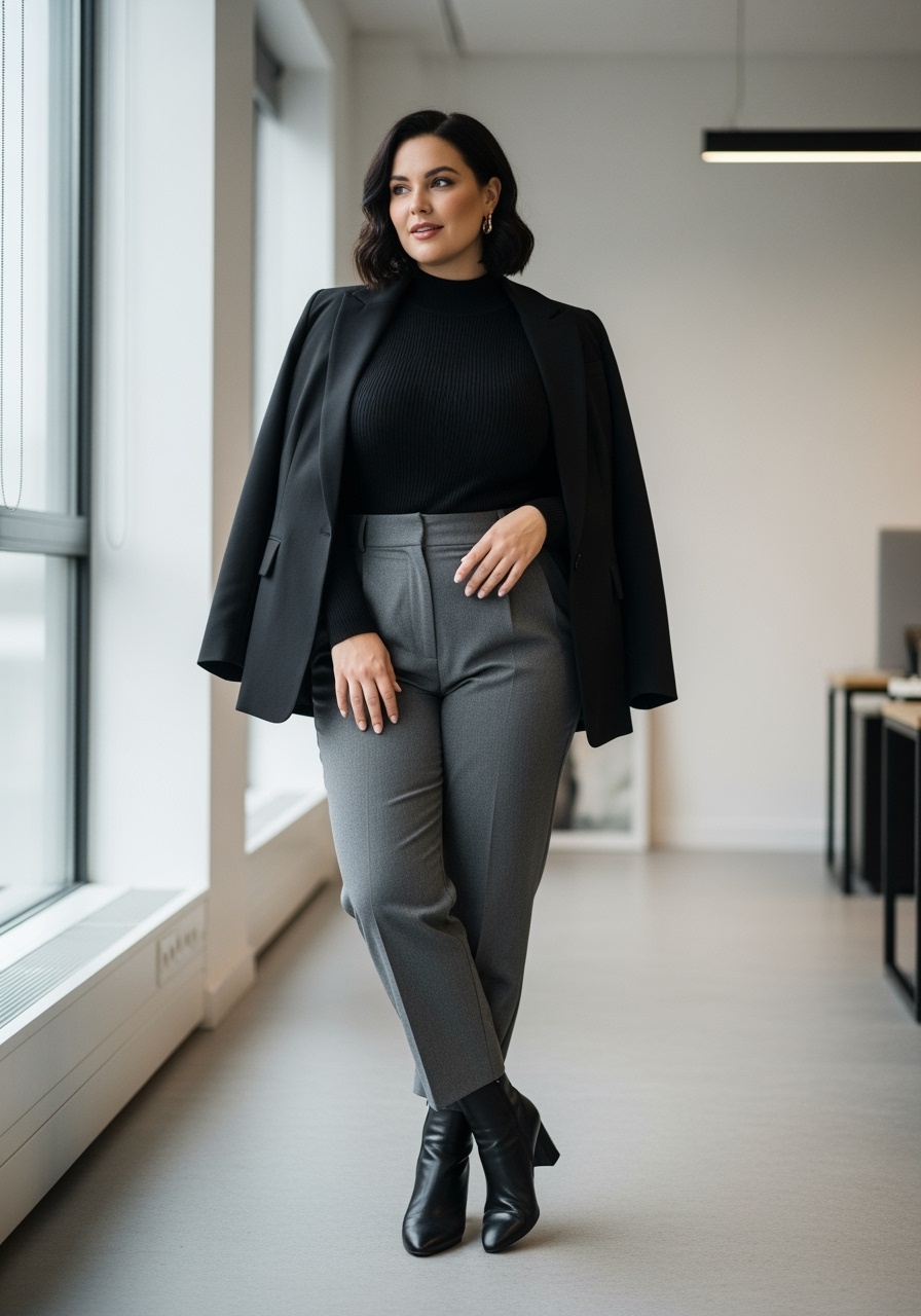 Black Mock Neck Sweater Gray Trousers Modern Office Style