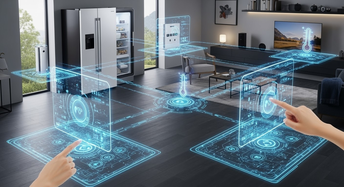 A modern smart home interior with holographic controls and quantum computing integration