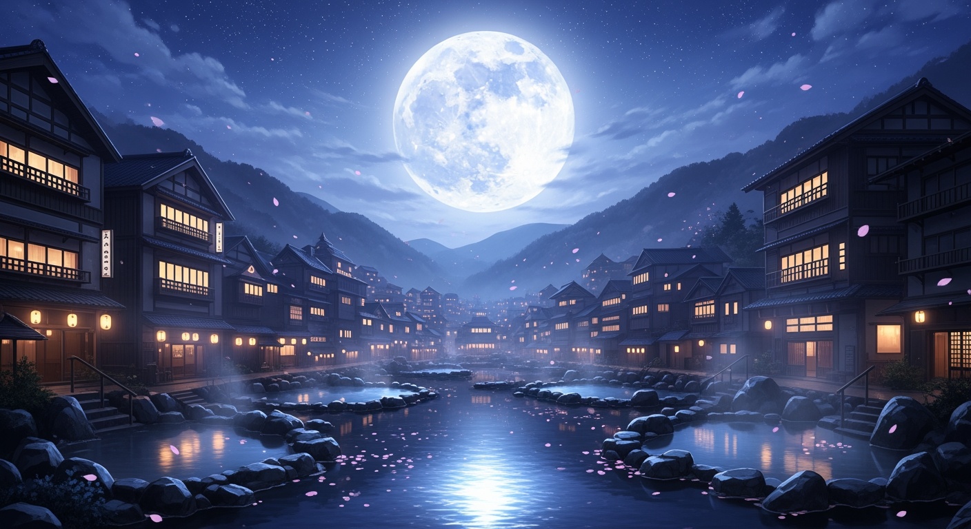 満月の夜の温泉街