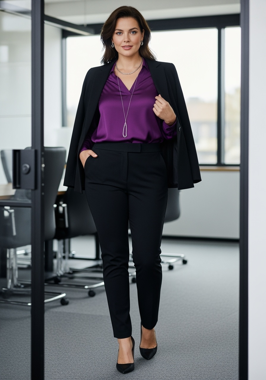 Deep Purple Silk Blouse Conference Room Style