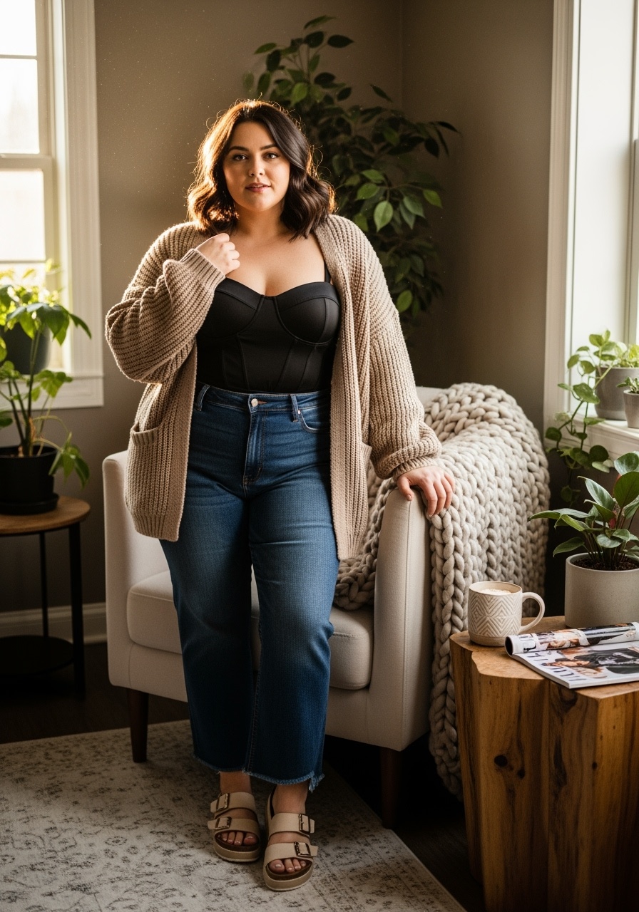Stylish plus-size lady in black bustier top