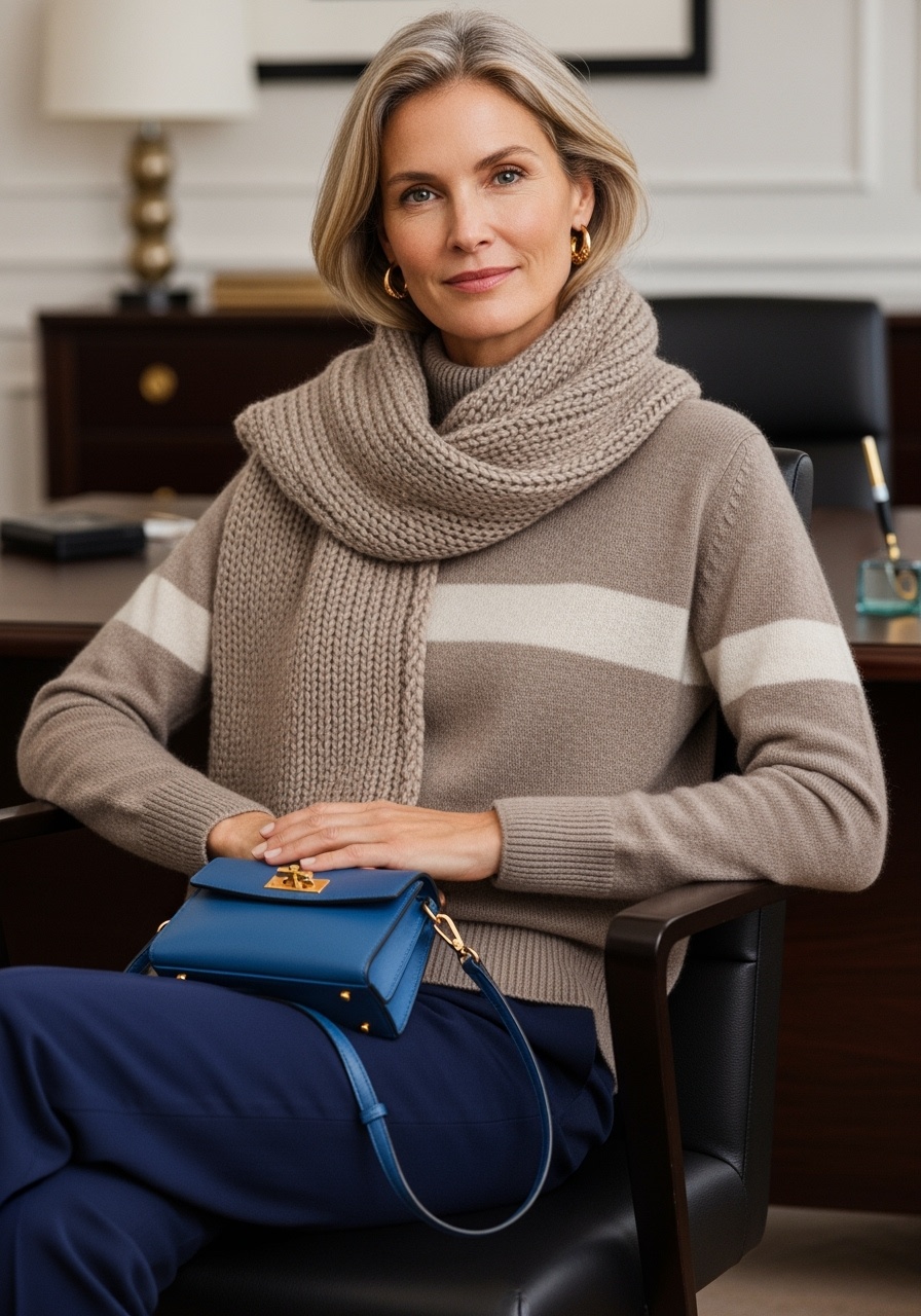 Serene taupe cashmere with chunky scarf and navy trousers