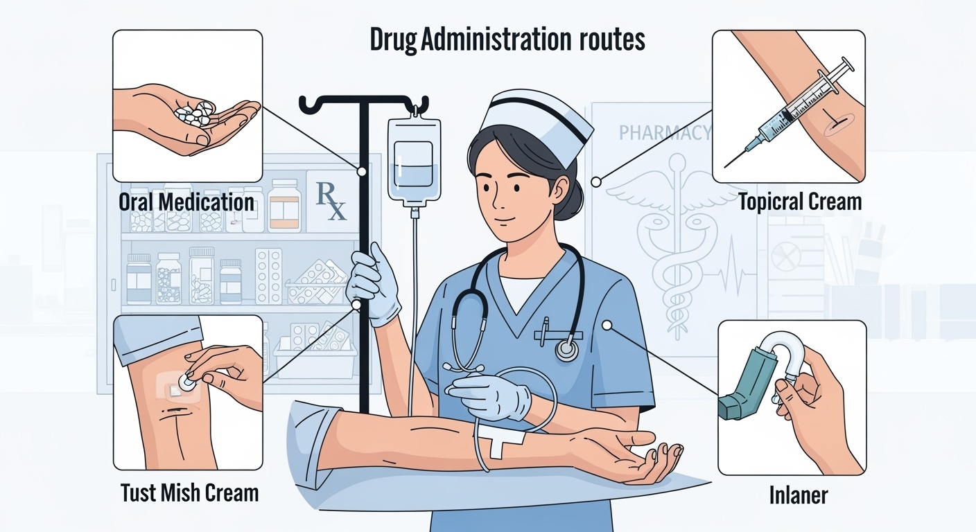 Professional medical illustration of drug administration routes