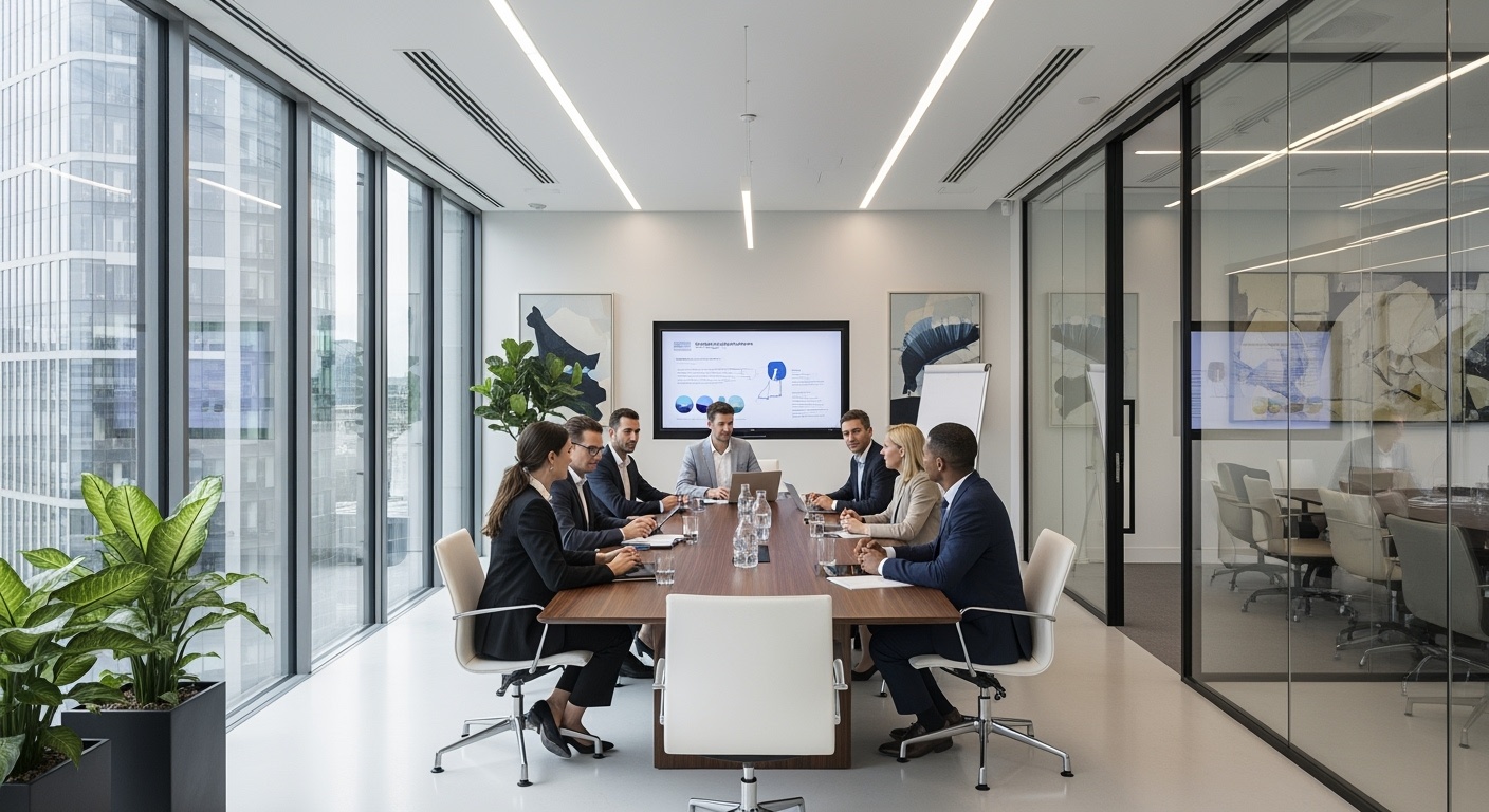 Upscale modern office interior in W1 with professional business meeting