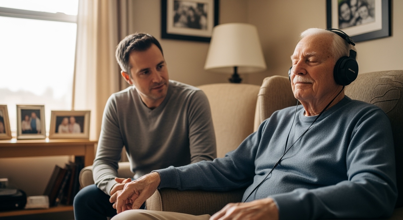 Elderly man with Alzheimer's listening peacefully to music with his caring son nearby