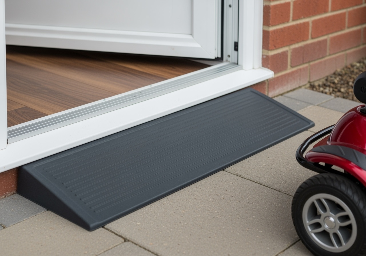 Threshold ramp at UK doorway for mobility scooter access