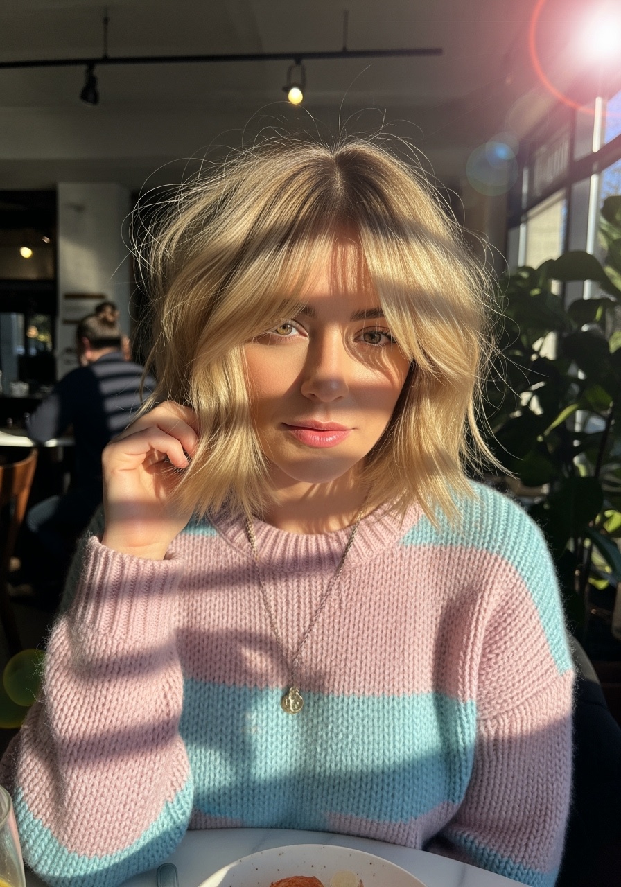 Textured Blonde Bob with Curtain Bangs