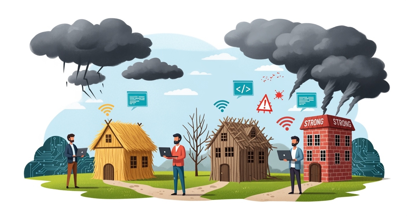 Whimsical illustration of three startup founders in digital village with laptops, facing stormy algorithm clouds gathering overhead