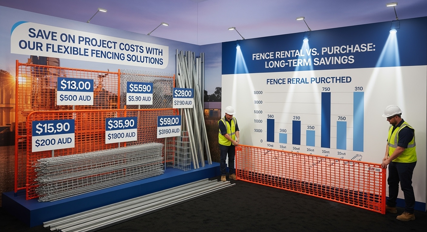 Affordable temporary fencing solutions display showing cheap temporary fencing options with cost comparison charts, budget-friendly panels, and professional installation by Australian construction workers