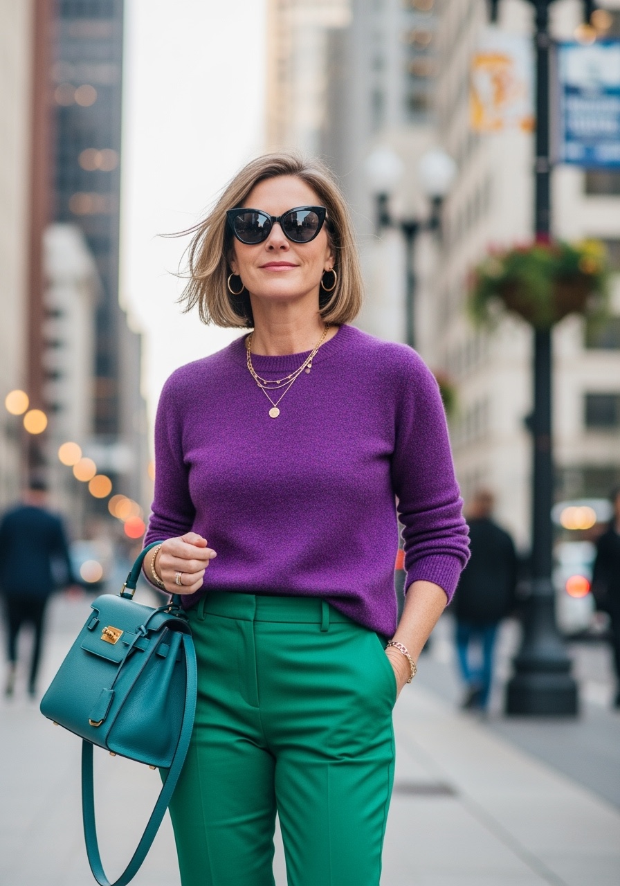 Bold jewel-toned purple and emerald green color-blocking