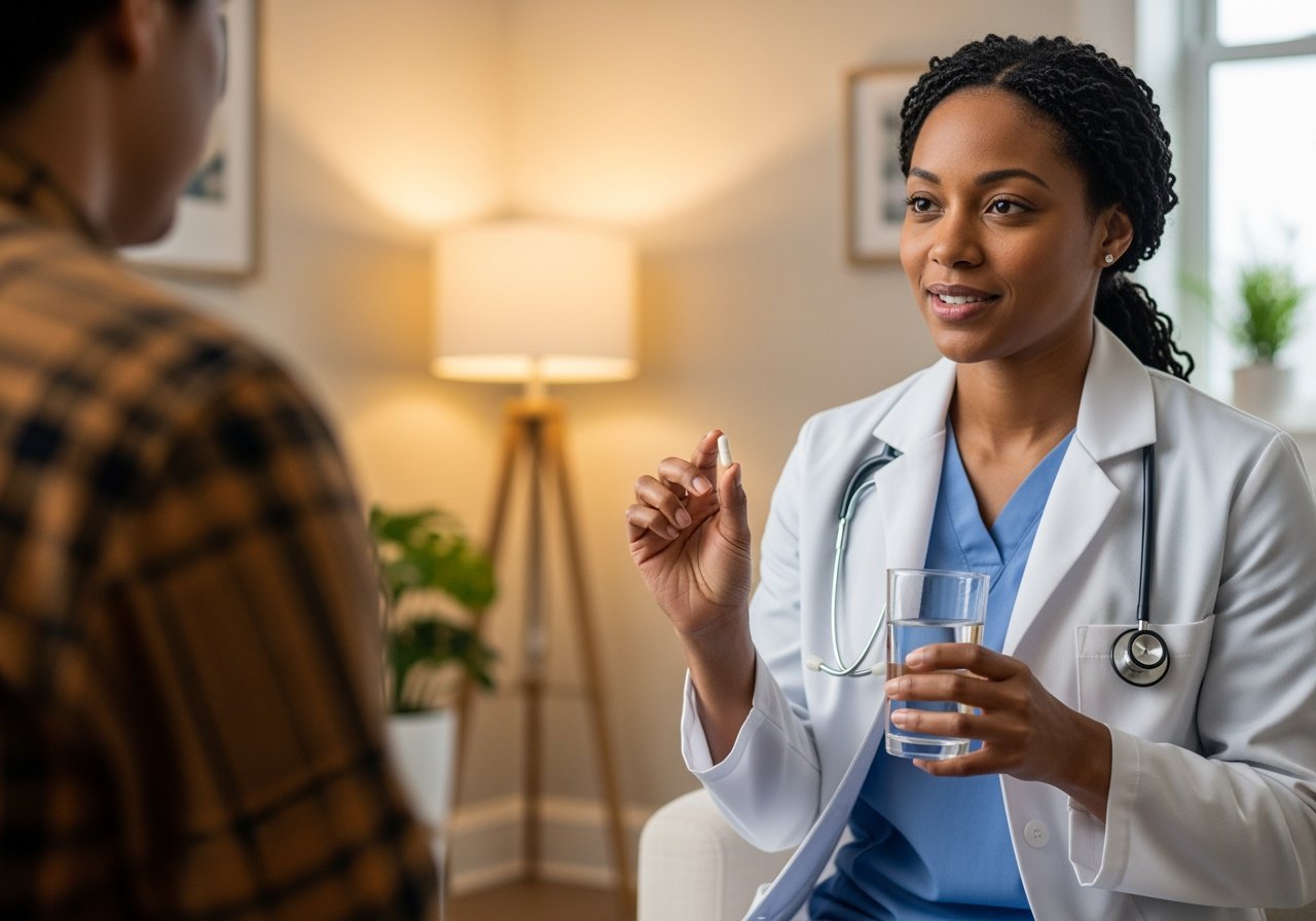 Enfermera profesional con cápsula y vaso de agua administrando medicación a paciente