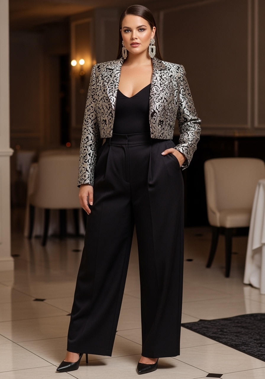 Sophisticated plus-size fashionista in cropped patterned jacket
