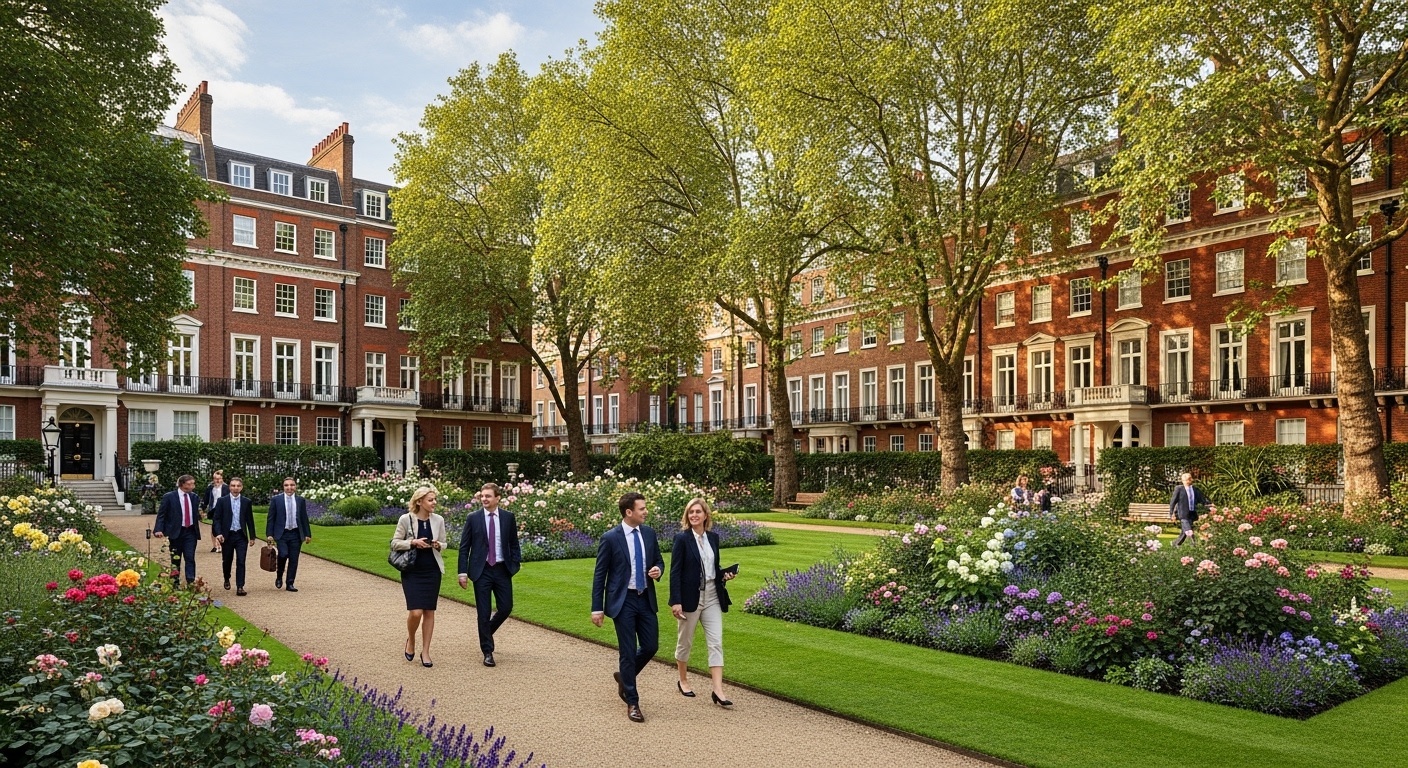 Beautiful Grosvenor Square garden with Georgian terraced houses