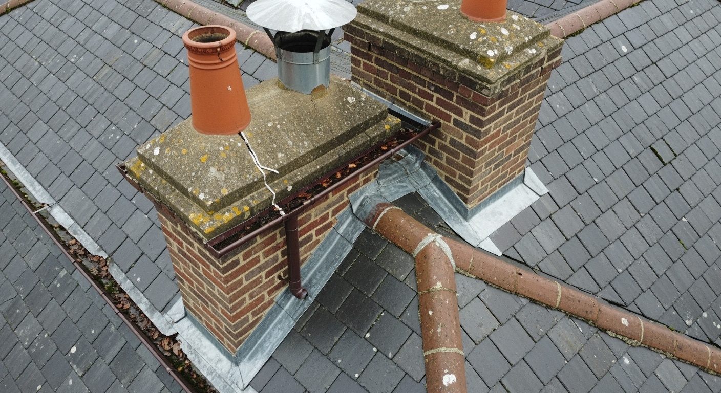 Detailed aerial drone photograph showing roof inspection of Essex property