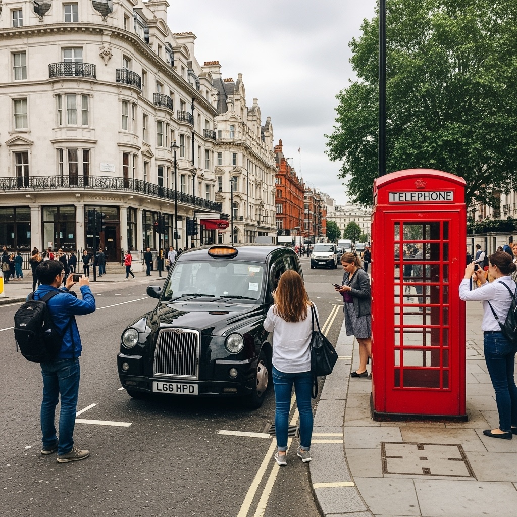 Classic London black taxi and red phone box on W1 street corner