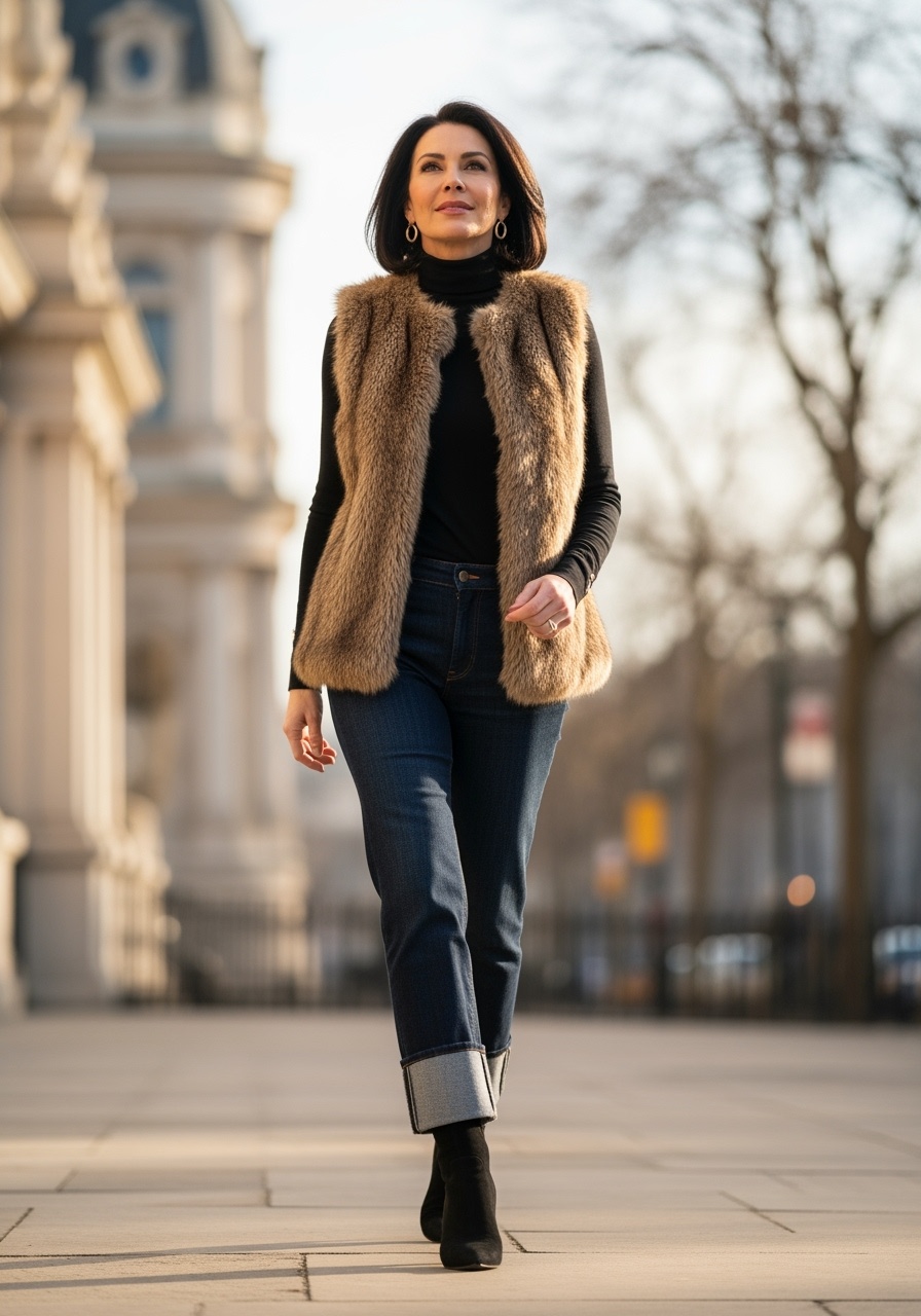 Elegant brown faux-fur vest with black turtleneck and dark denim