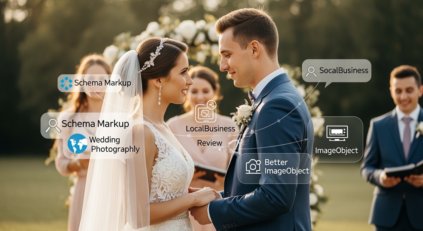 Wedding couple with Schema Markup overlay showing digital connections