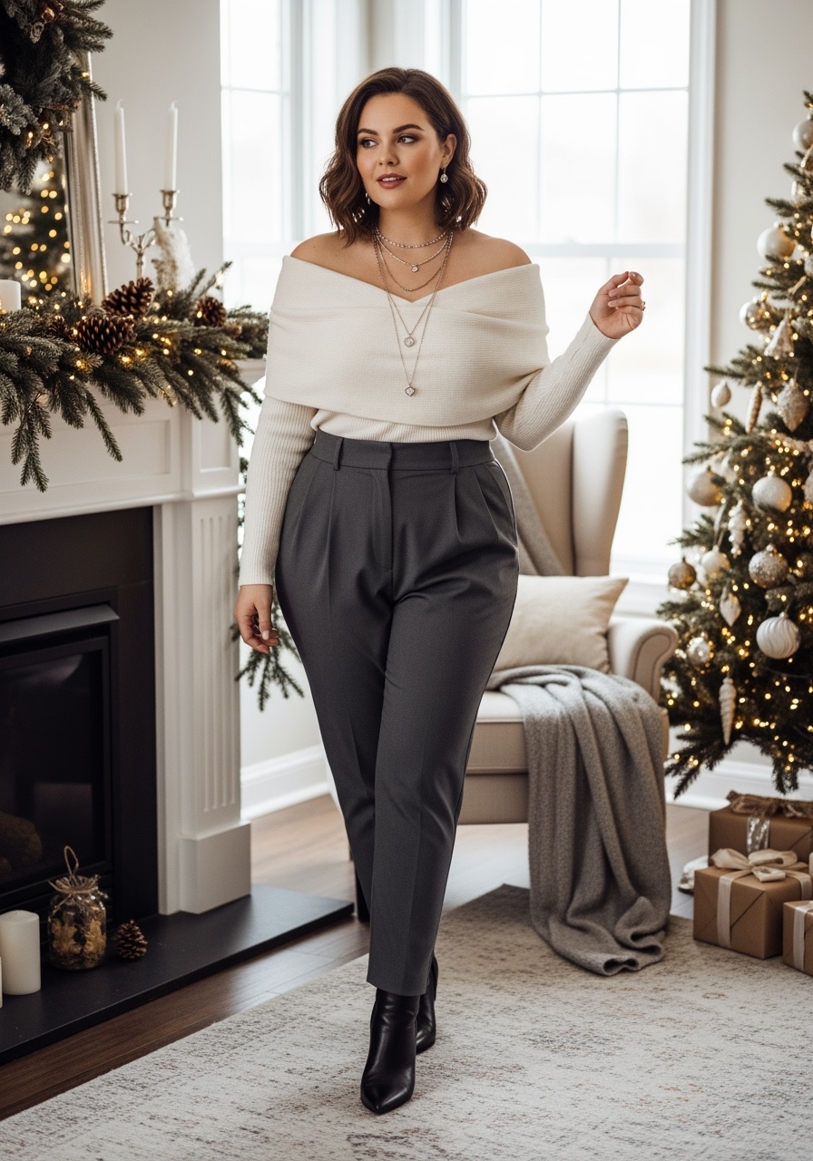 Flirty plus-size woman in off-shoulder sweater