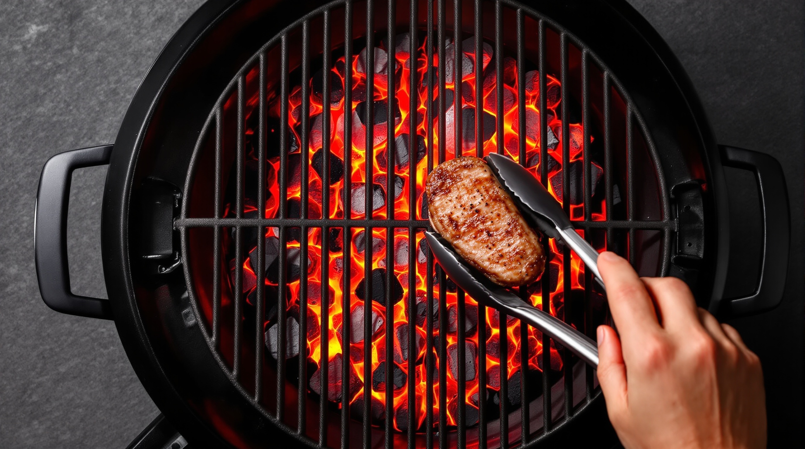 Overhead view demonstrating how to set up a two-zone fire for grilling with charcoal showing hot and cool zones