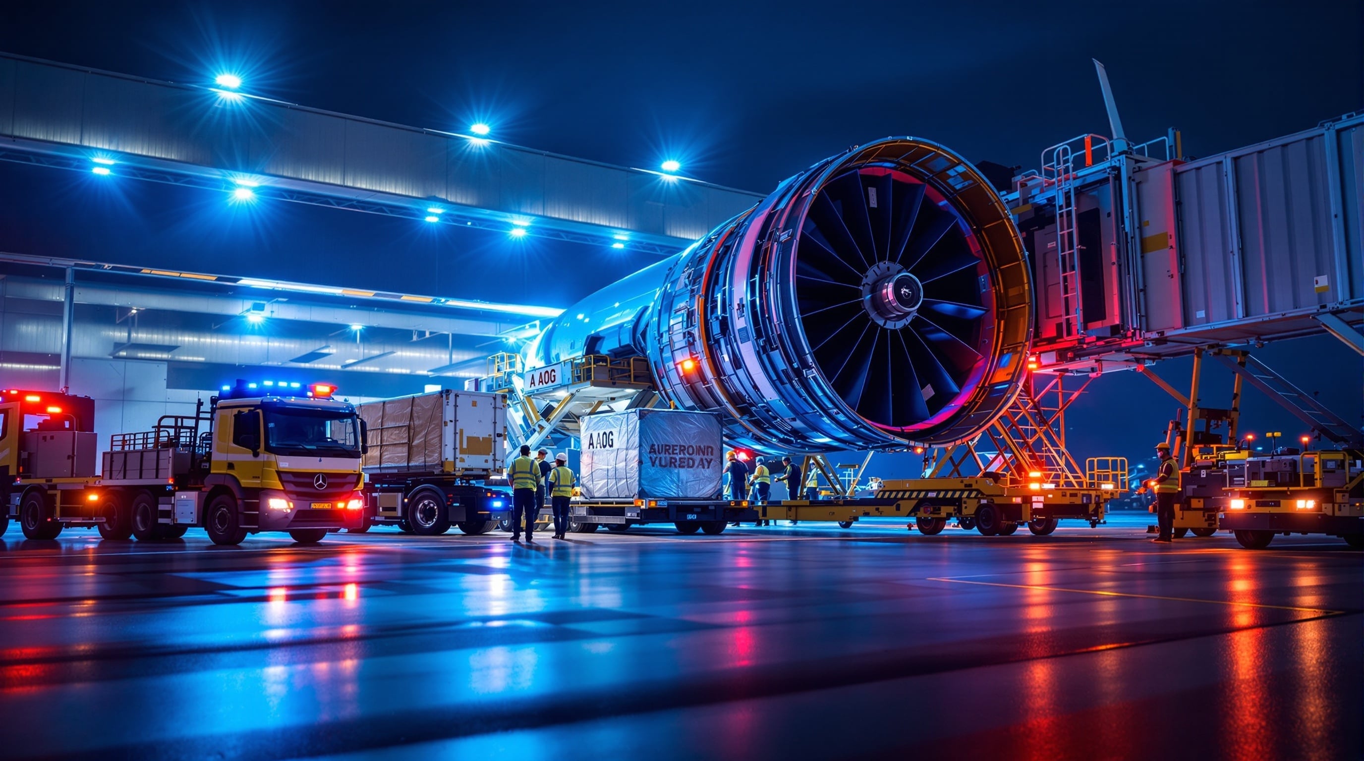 Time-critical jet engine delivery operation showing urgent AOG emergency response at airport cargo terminal