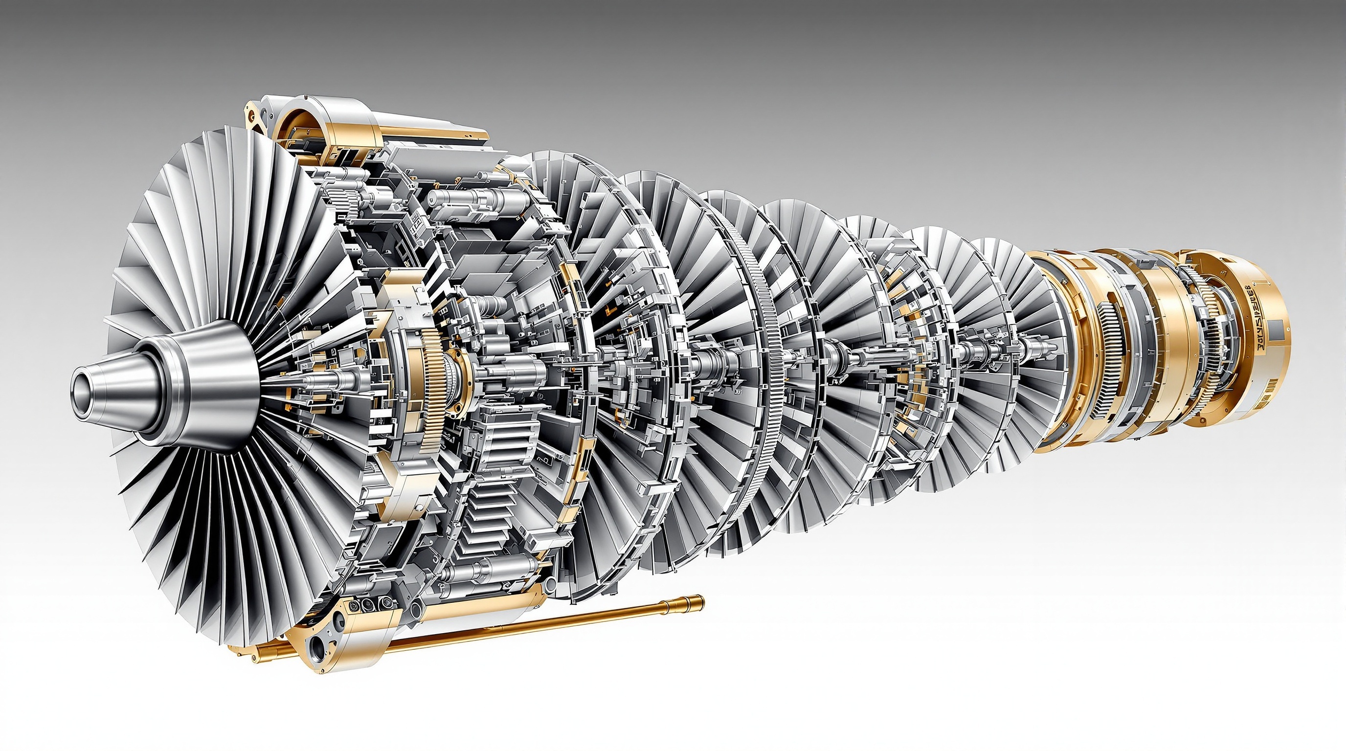 Cutaway view of jet engine high-pressure compressor showing 10-12 compression stages with decreasing blade size and nickel-based superalloy construction