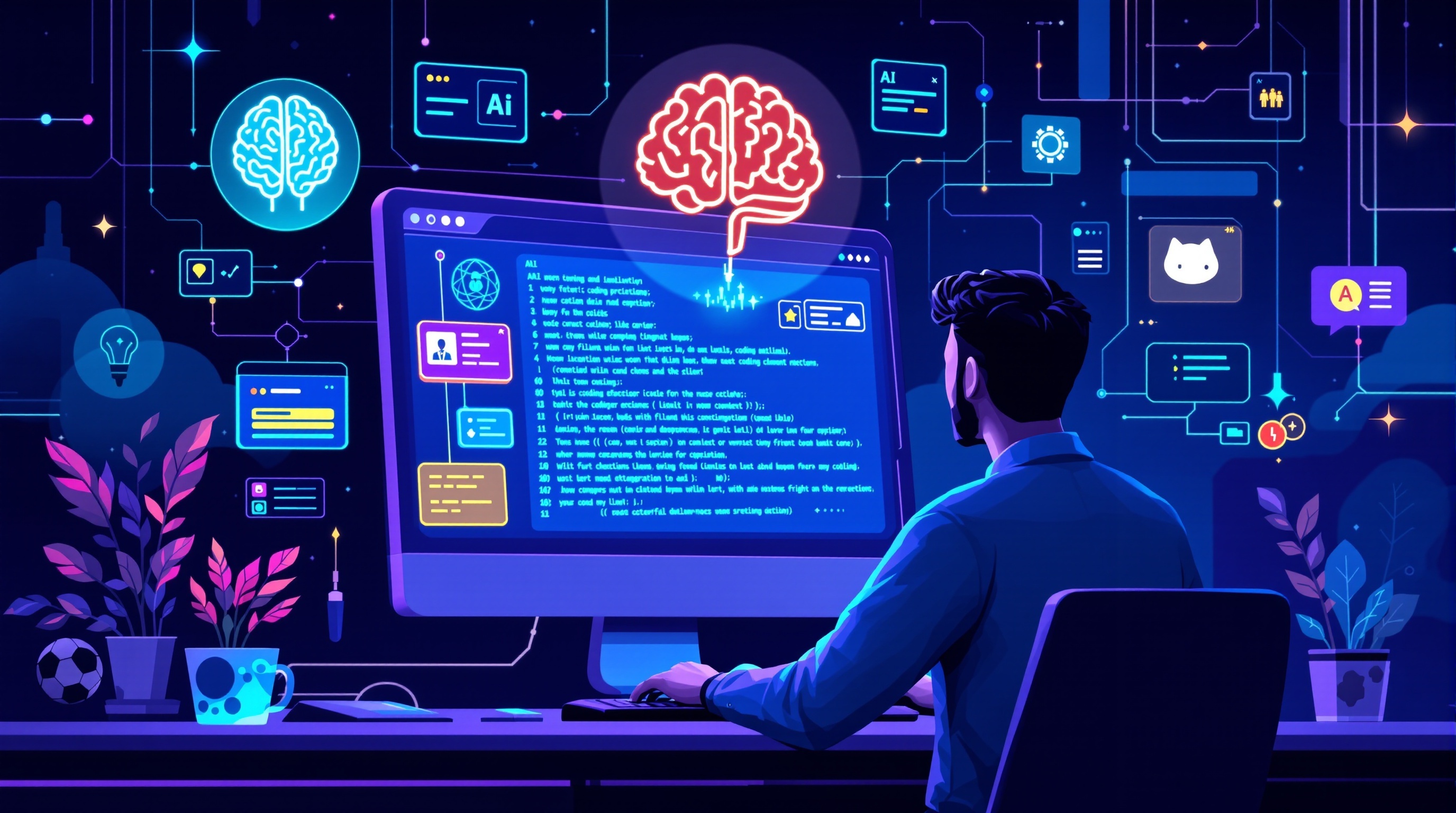 AI Coding Assistants in Action - Developer working with AI-powered code suggestions and GitHub Copilot interface