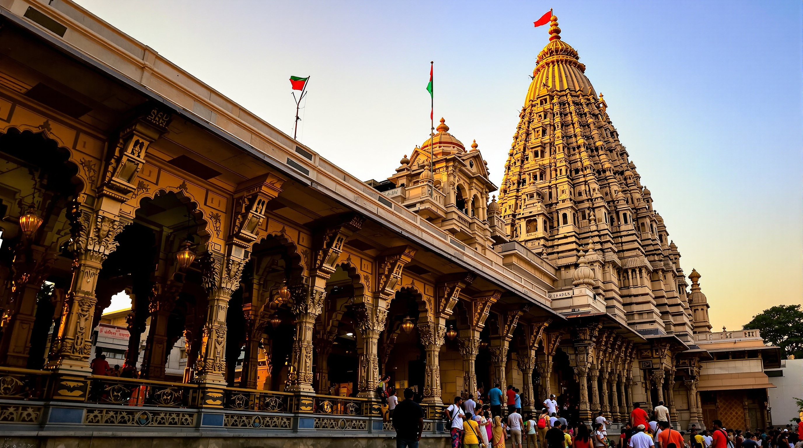 Traditional Hindu temple with ornate carved pillars and detailed shikhara tower