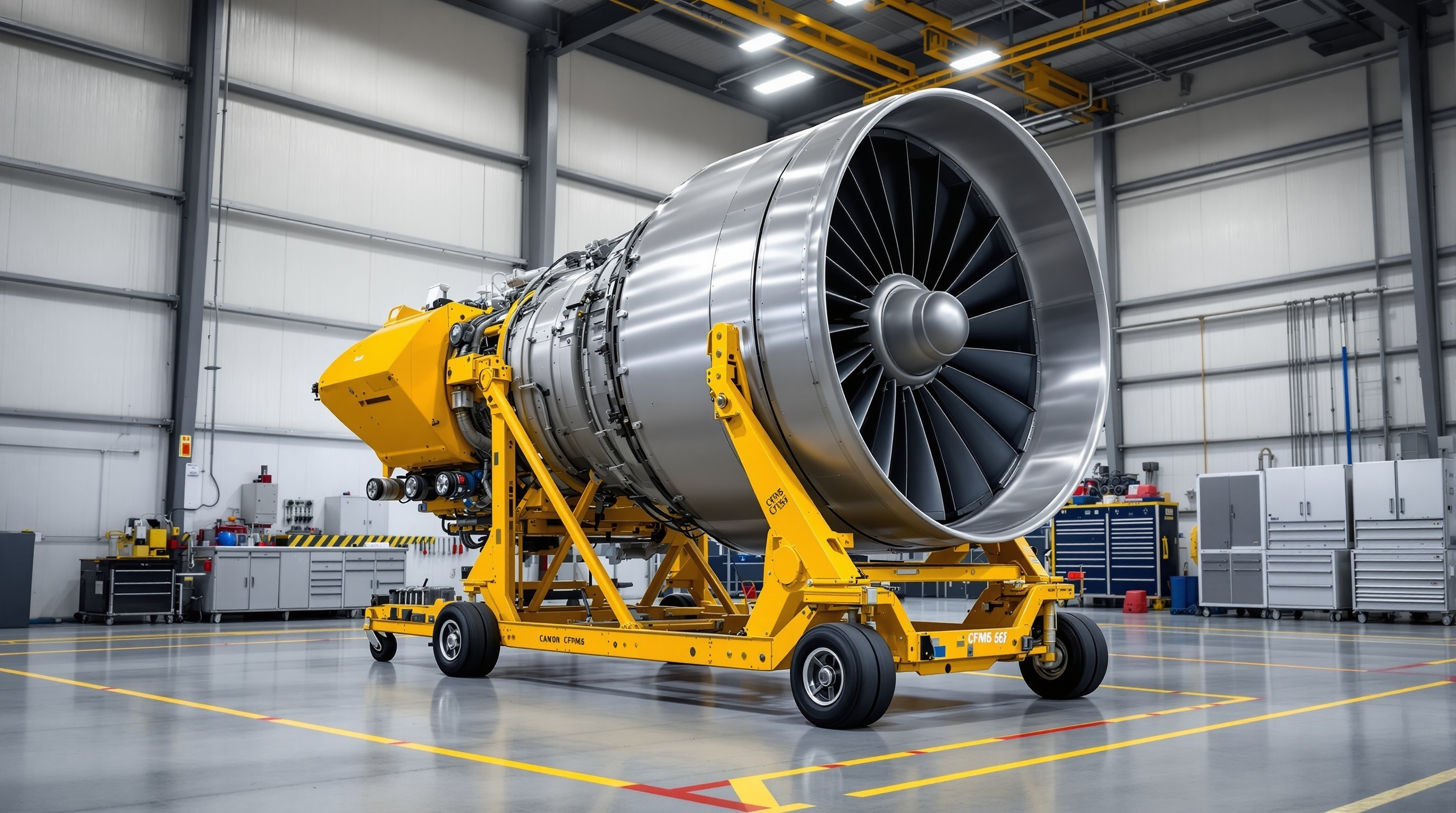 Commercial jet engine mounted on yellow transport stand in modern aircraft maintenance hangar
