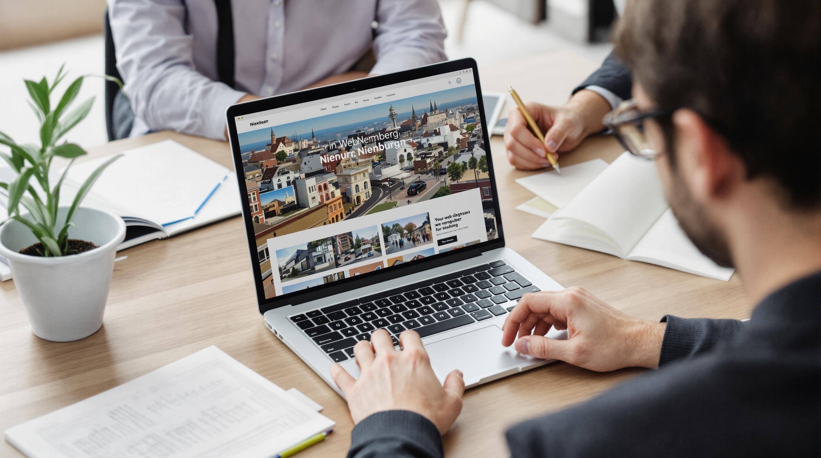 Lokaler Webdesigner in Nienburg bei einem Beratungsgespräch mit einem Kunden und Stadtplan von Nienburg