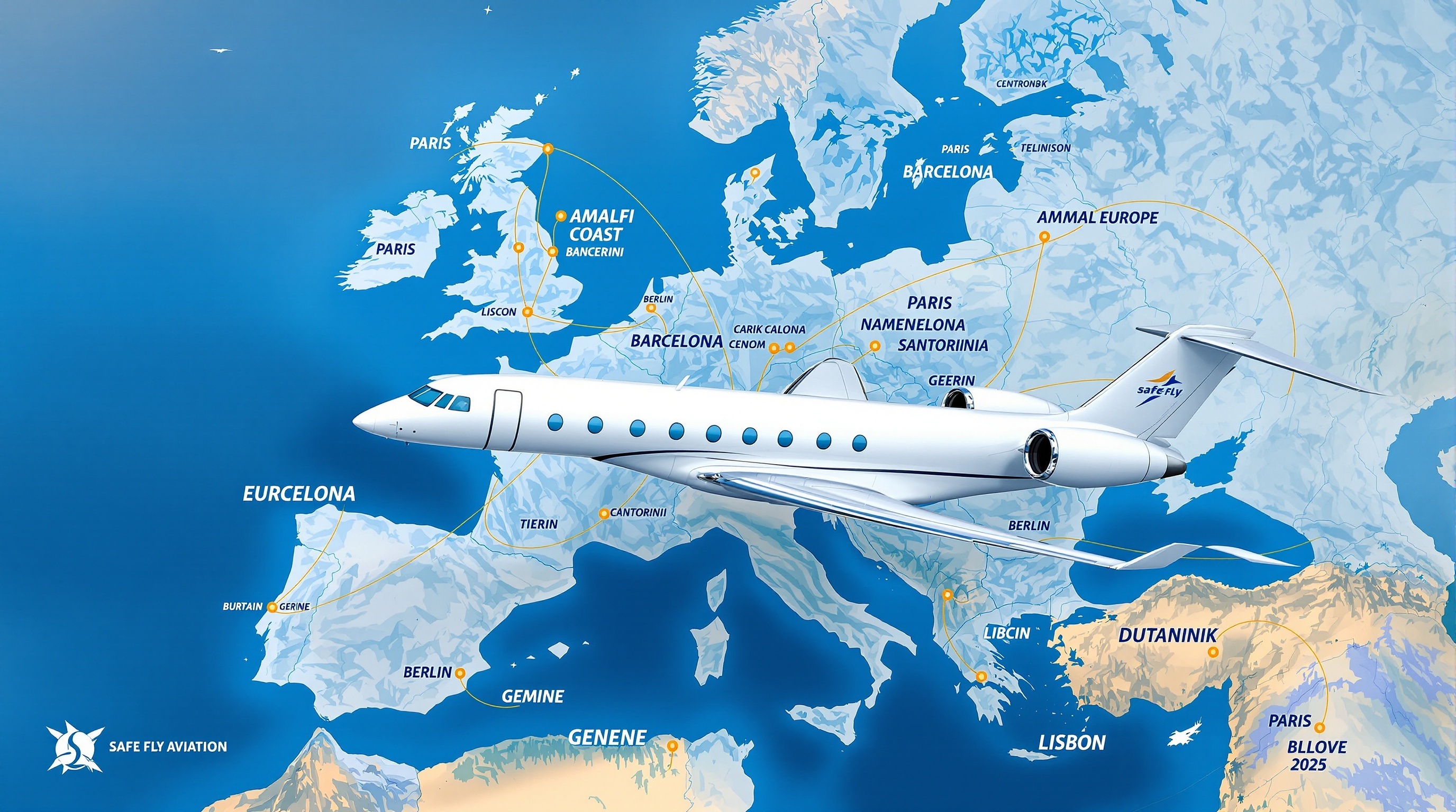 Private jet over European destinations map showing elite travel routes