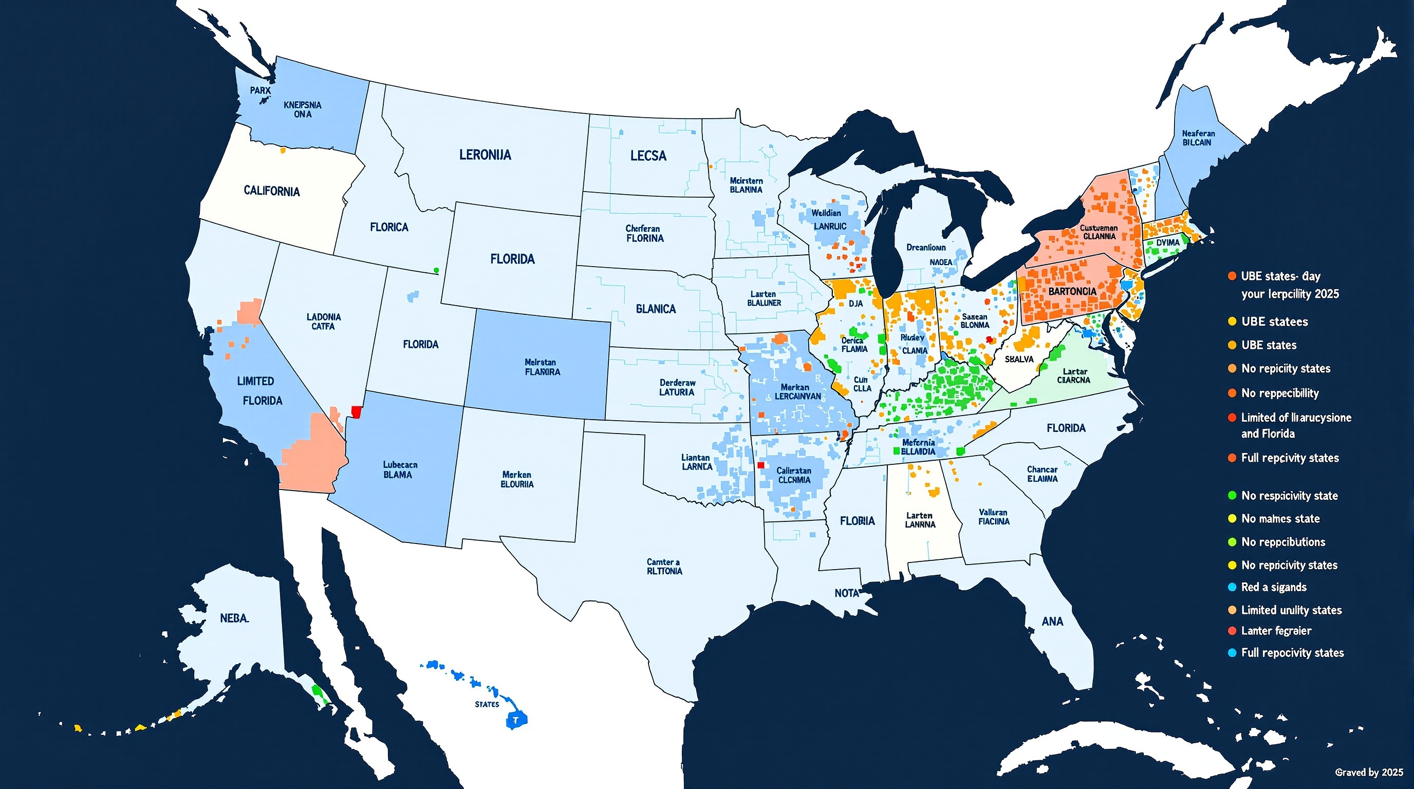 US Map showing Bar Reciprocity by State 2025 - Blue: UBE States, Red: No Reciprocity, Orange: Limited Reciprocity, Green: Full Reciprocity