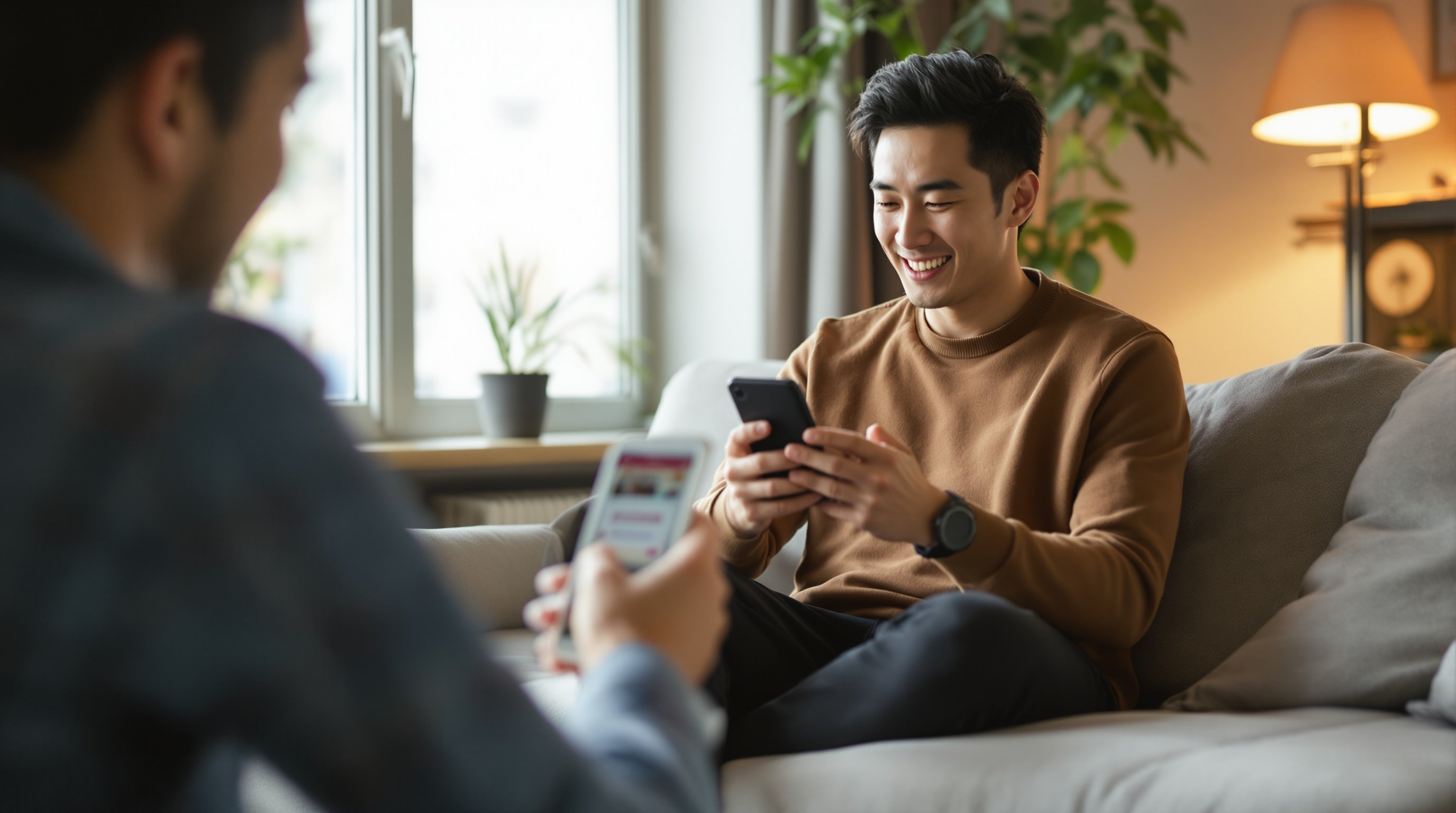 スマホで相談するリラックスした男性