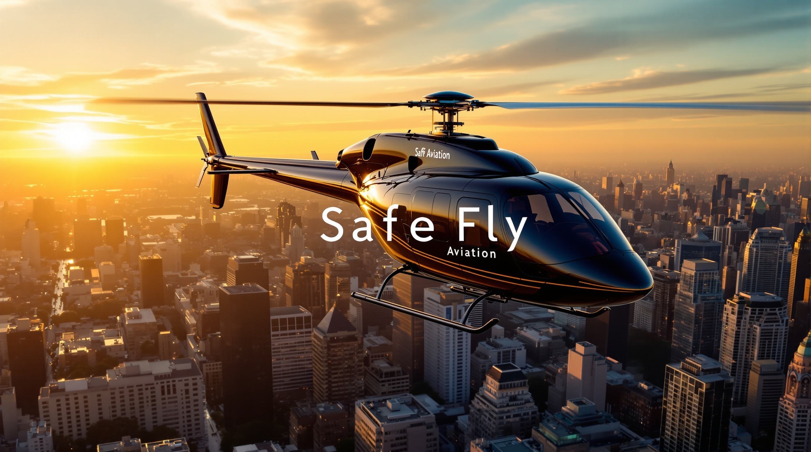 Modern executive helicopter flying over urban cityscape with complete branding and professional composition