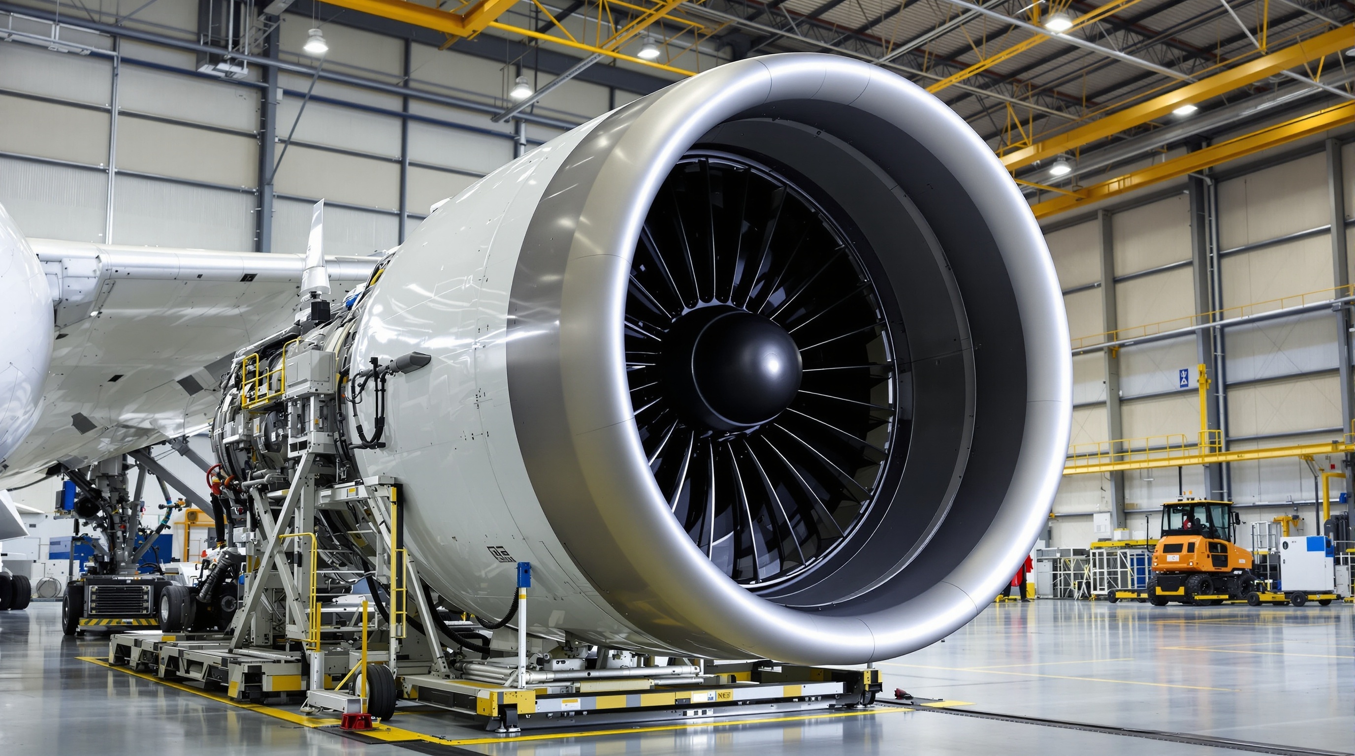 Commercial jet engine mounted on orange positioning-wheel turbine stand with heavy-duty wheels in aircraft hangar