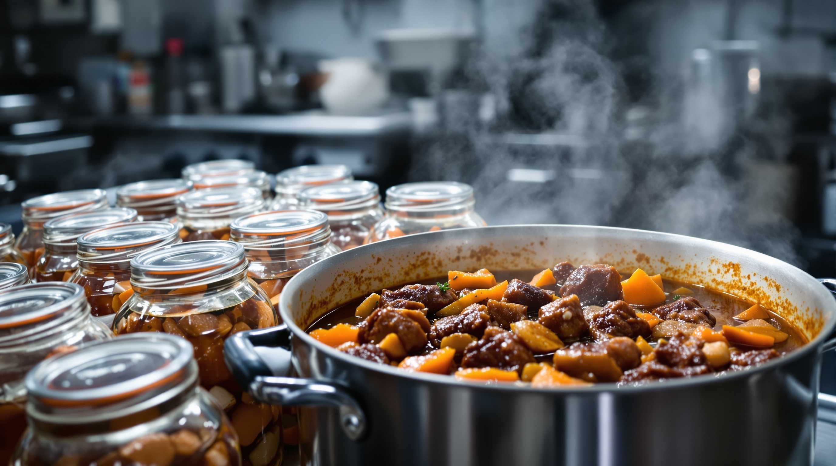 A PROFESSIONAL KITCHEN SCENE SHOWING WILD BOAR STEW (DAUBE DE SANGLIER) BEING PREPARED FOR JAR STERILIZATION. LARGE GLASS JARS WITH RUBBER SEAL LIDS ARRANGED ON A CLEAN COUNTER, A POT OF RICH DARK WILD BOAR STEW WITH TENDER MEAT PIECES AND VEGETABLES, STEAM RISING FROM THE HOT STEW. PROFESSIONAL FOOD PRESERVATION SETUP WITH STAINLESS STEEL EQUIPMENT, VERY WIDE PANORAMIC VIEW, ULTRA HIGH RESOLUTION, PROFESSIONAL FOOD PHOTOGRAPHY LIGHTING