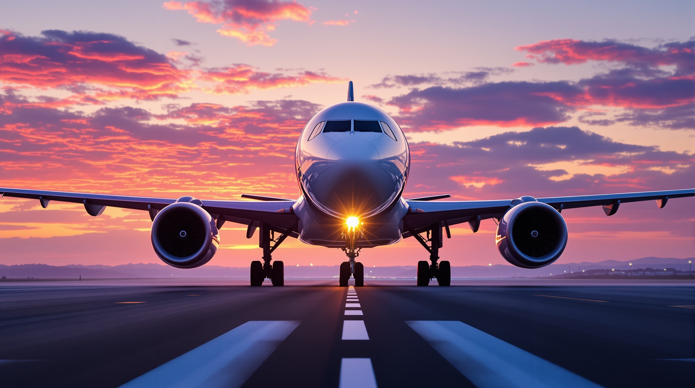 Airbus A320 with CFM56 engines on approach to airport runway at sunset