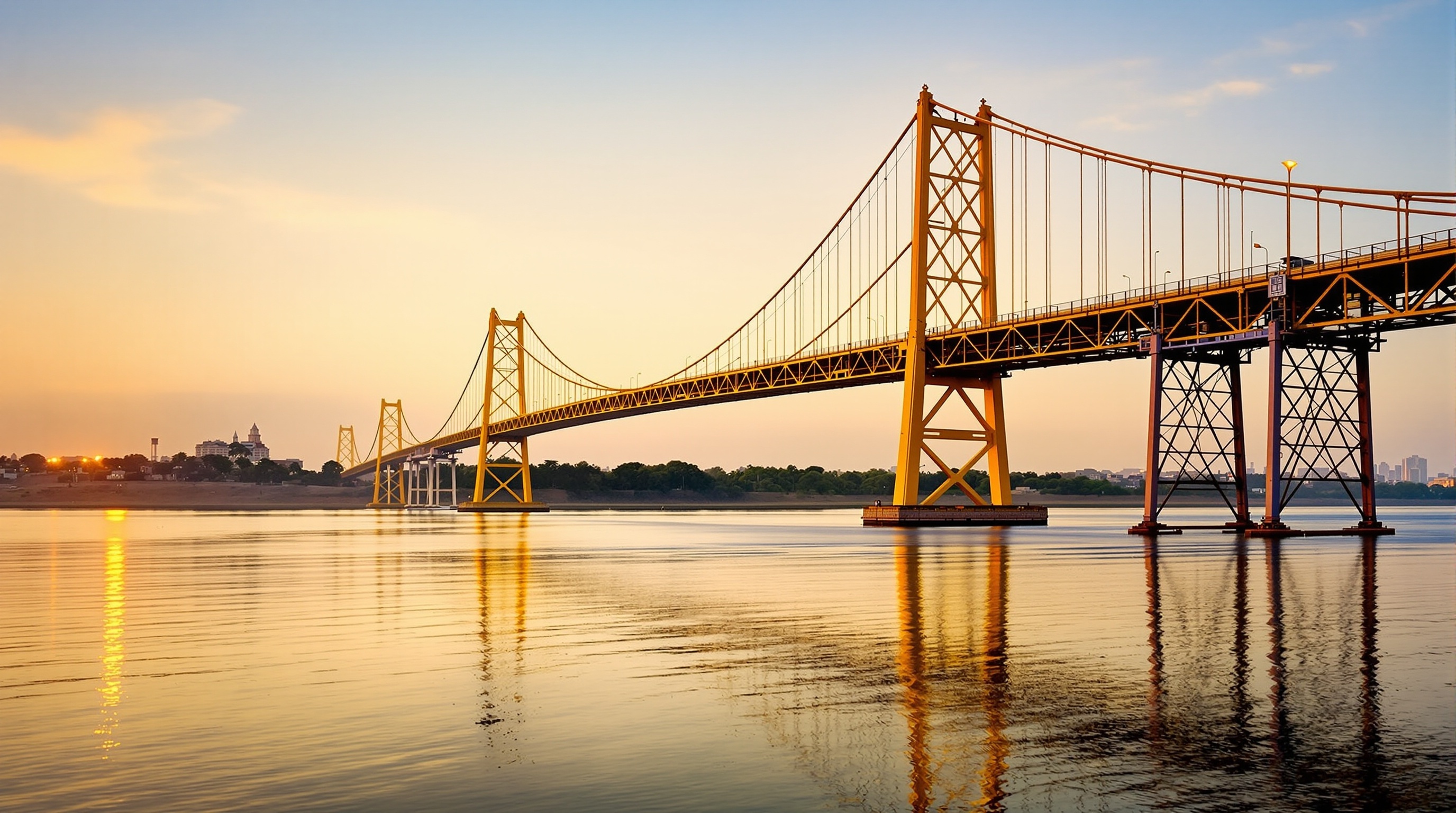 Golden Bridge (Sardar Bridge) spanning the Narmada River in Bharuch during golden hour