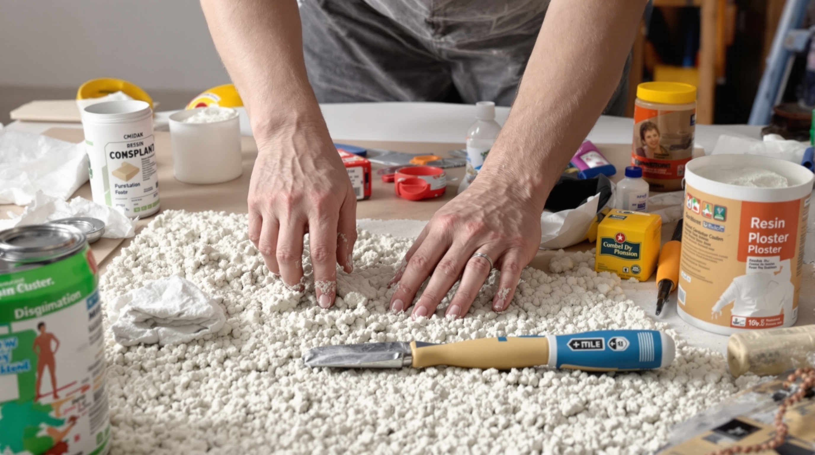 DIY-barát műgyantás vakolat anyagok és alapvető szerszámok rendezett munkaterületen