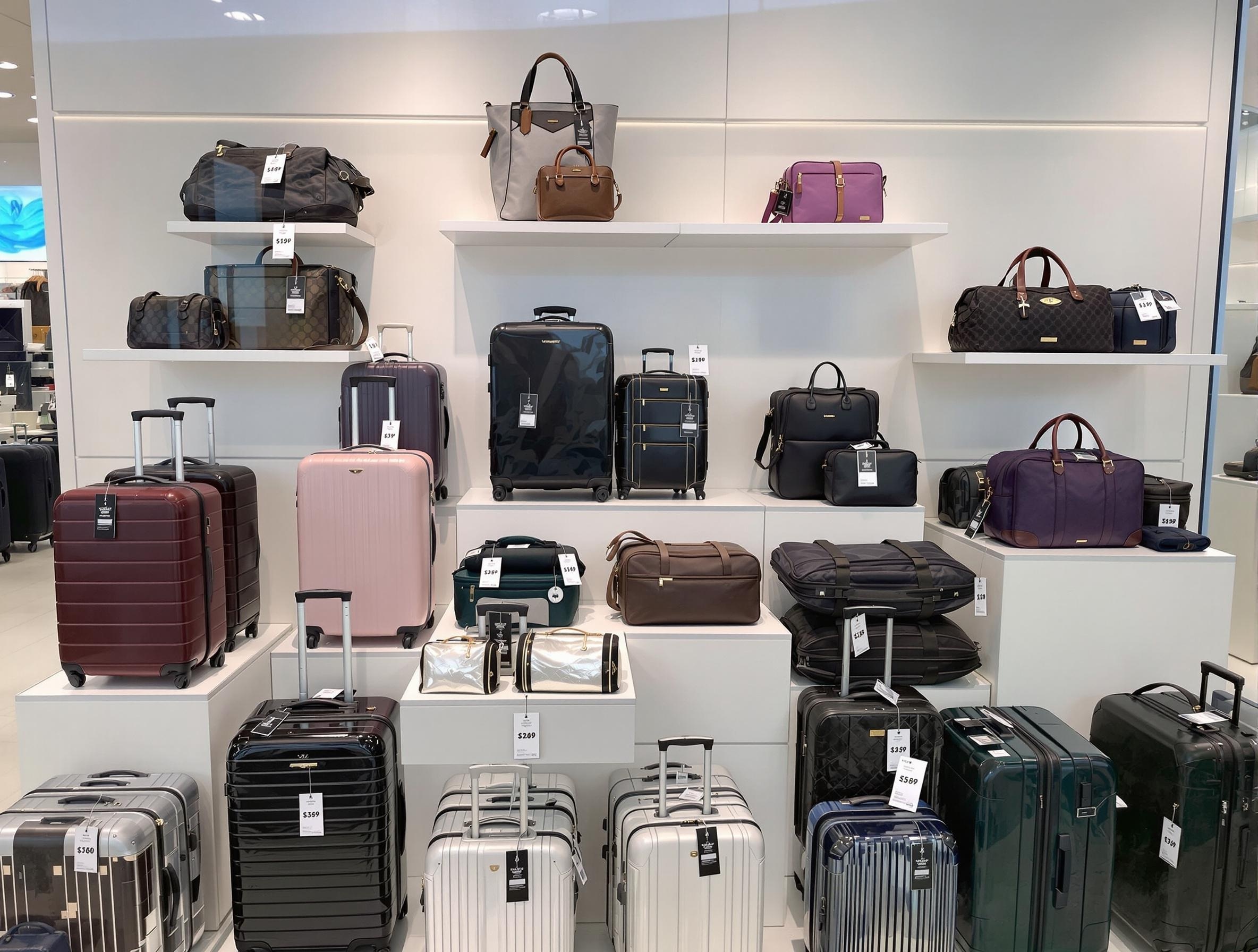 Premium luggage display featuring Samsonite and Tumi brands at Miami outlet prices